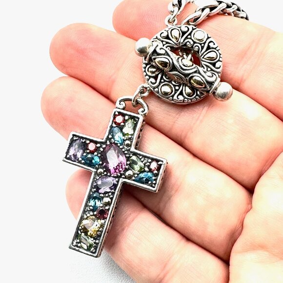 Samuel Benham Necklace Sterling Silver 18K Gold Multi Gemstone Cross Pendant - Picture 3 of 6